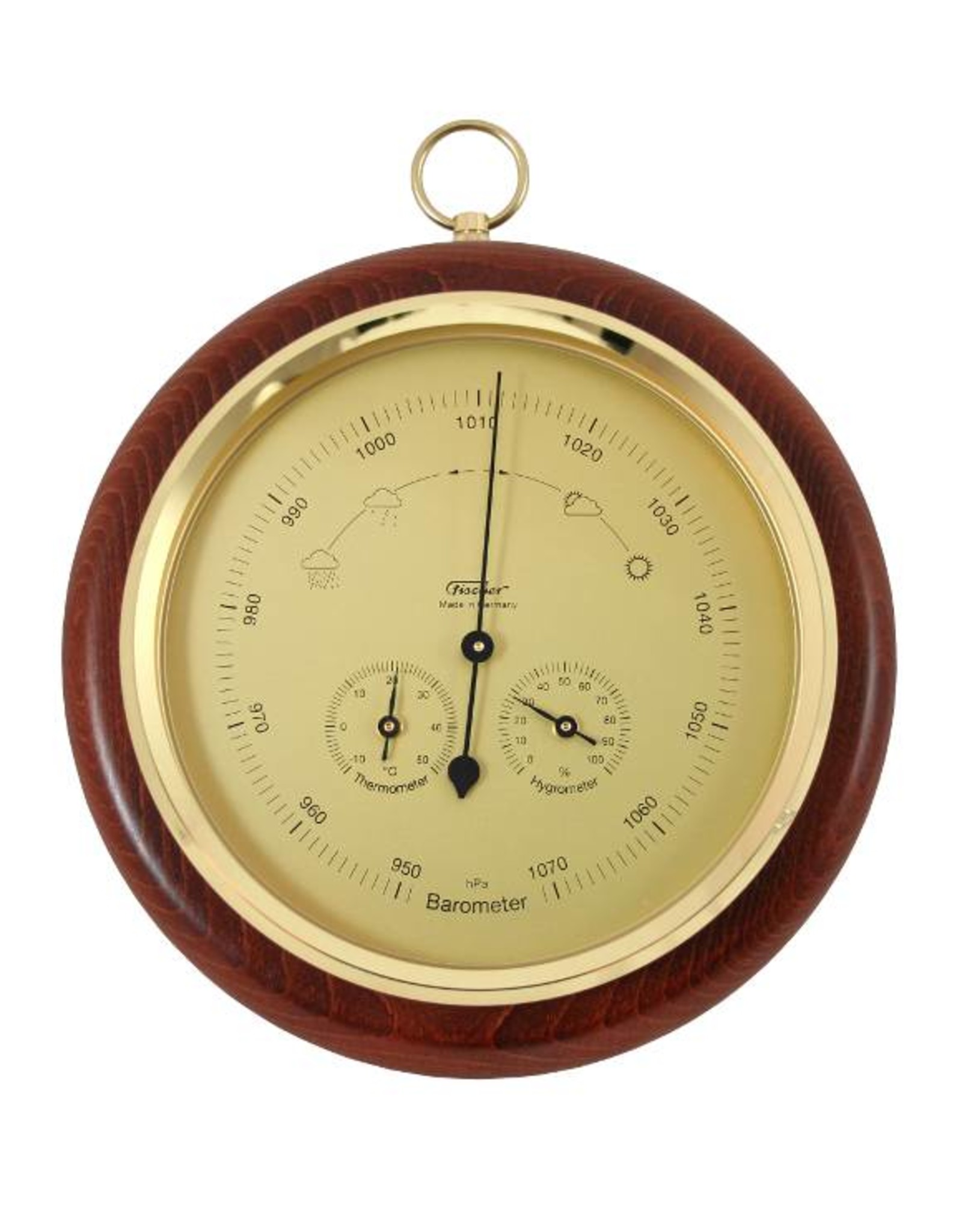 Fischer 014  Barometer Ø 20 cm met thermometer en hygrometer, in fraaie houten lijst