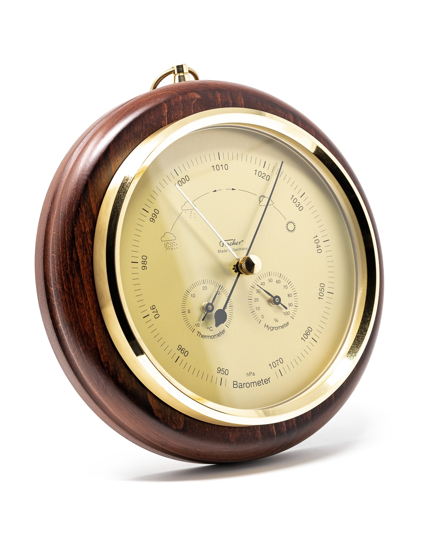 Fischer 014  Barometer Ø 20 cm met thermometer en hygrometer, in fraaie houten lijst