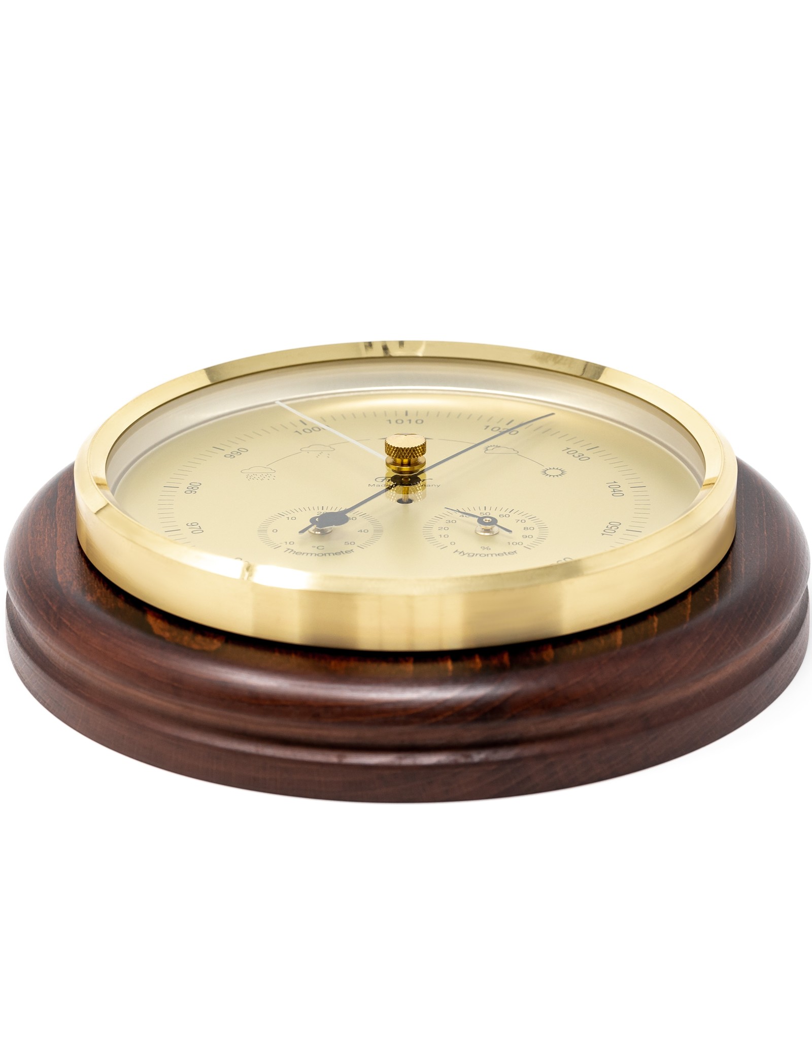 Fischer 014  Barometer Ø 20 cm met thermometer en hygrometer, in fraaie houten lijst