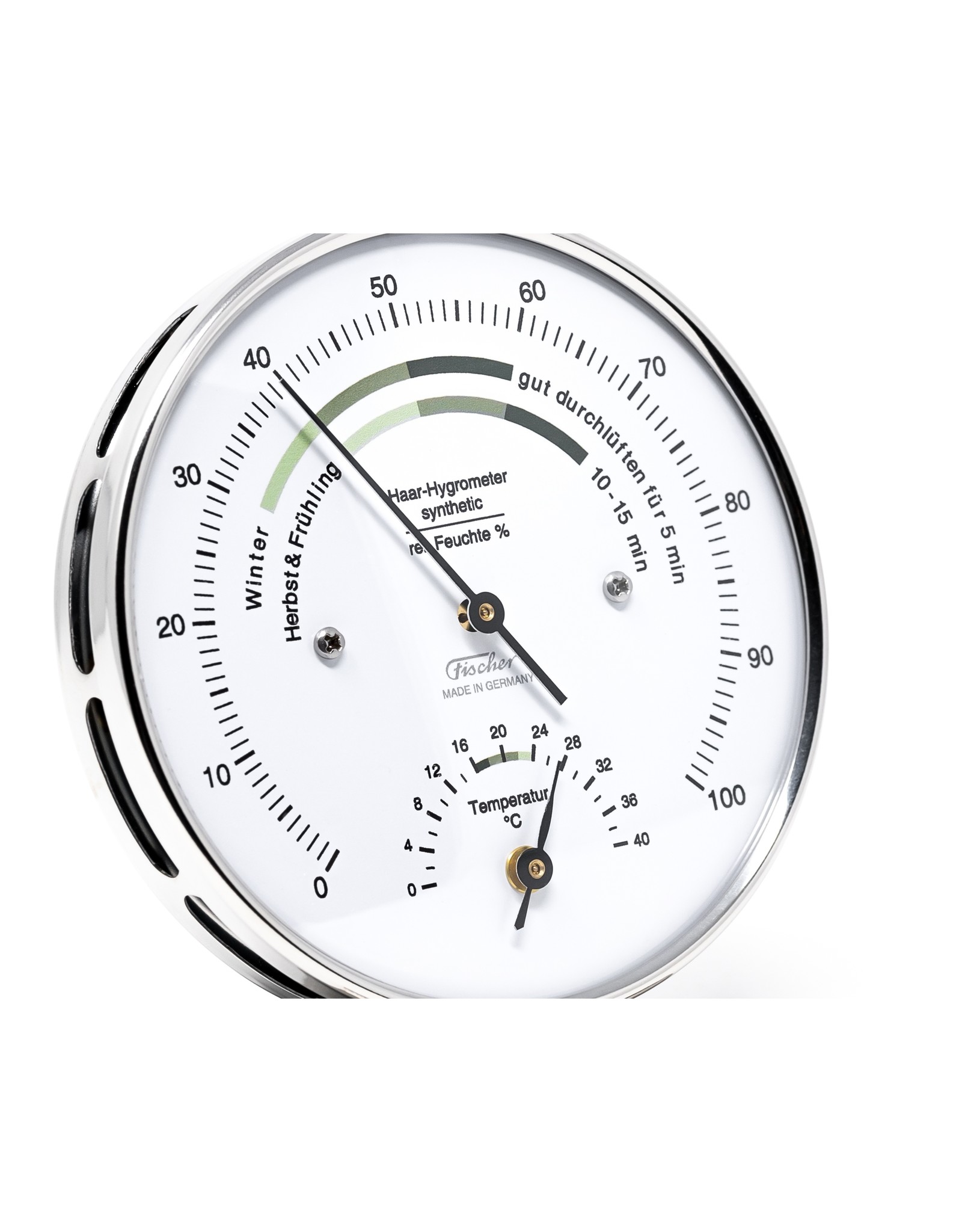 Fischer 001 Hygrometer en thermometer Ø 10 cm met comfort-zone op mooie roestvrijstalen voet