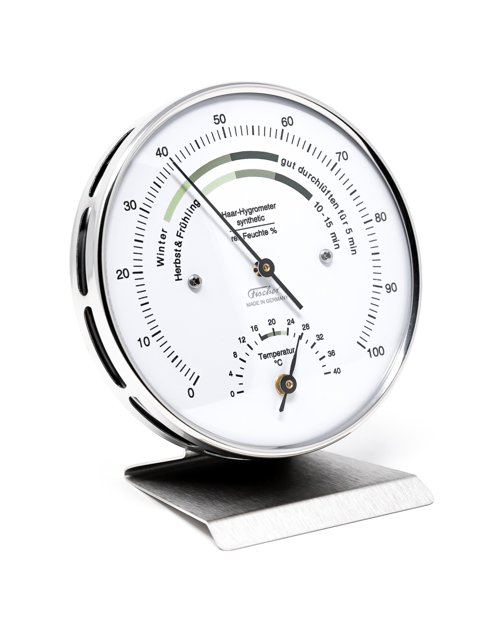 Fischer 001 Hygrometer en thermometer, met comfort-zone, mooie roestvrij stalen voet