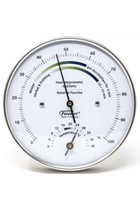 Fischer 001 Hygrometer en thermometer Ø 10 cm met comfort-zone op mooie roestvrijstalen voet