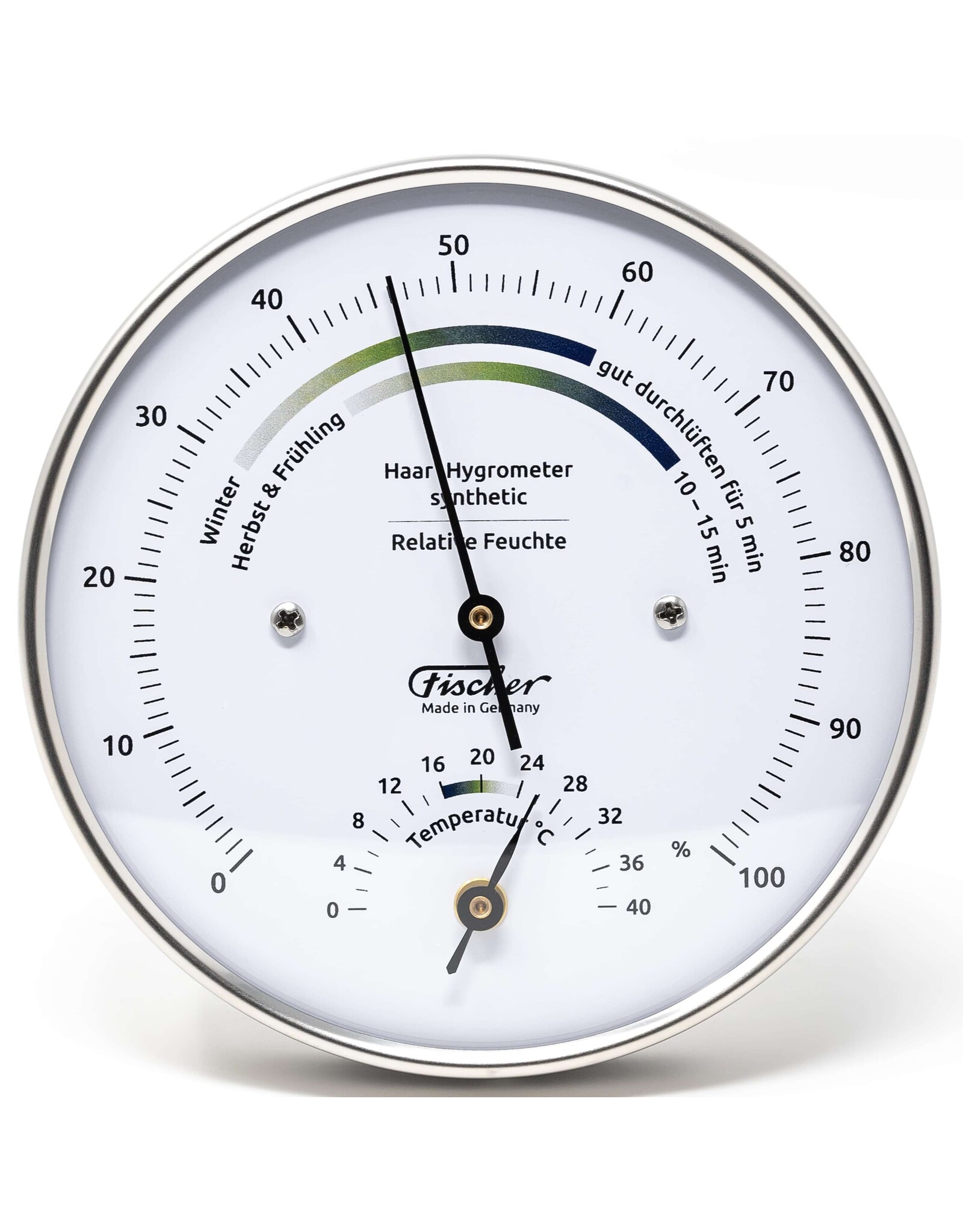 Fischer 001 Hygrometer en thermometer Ø 10 cm met comfort-zone op mooie roestvrijstalen voet