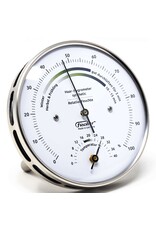 Fischer 001 Hygrometer en thermometer Ø 10 cm met comfort-zone op mooie roestvrijstalen voet