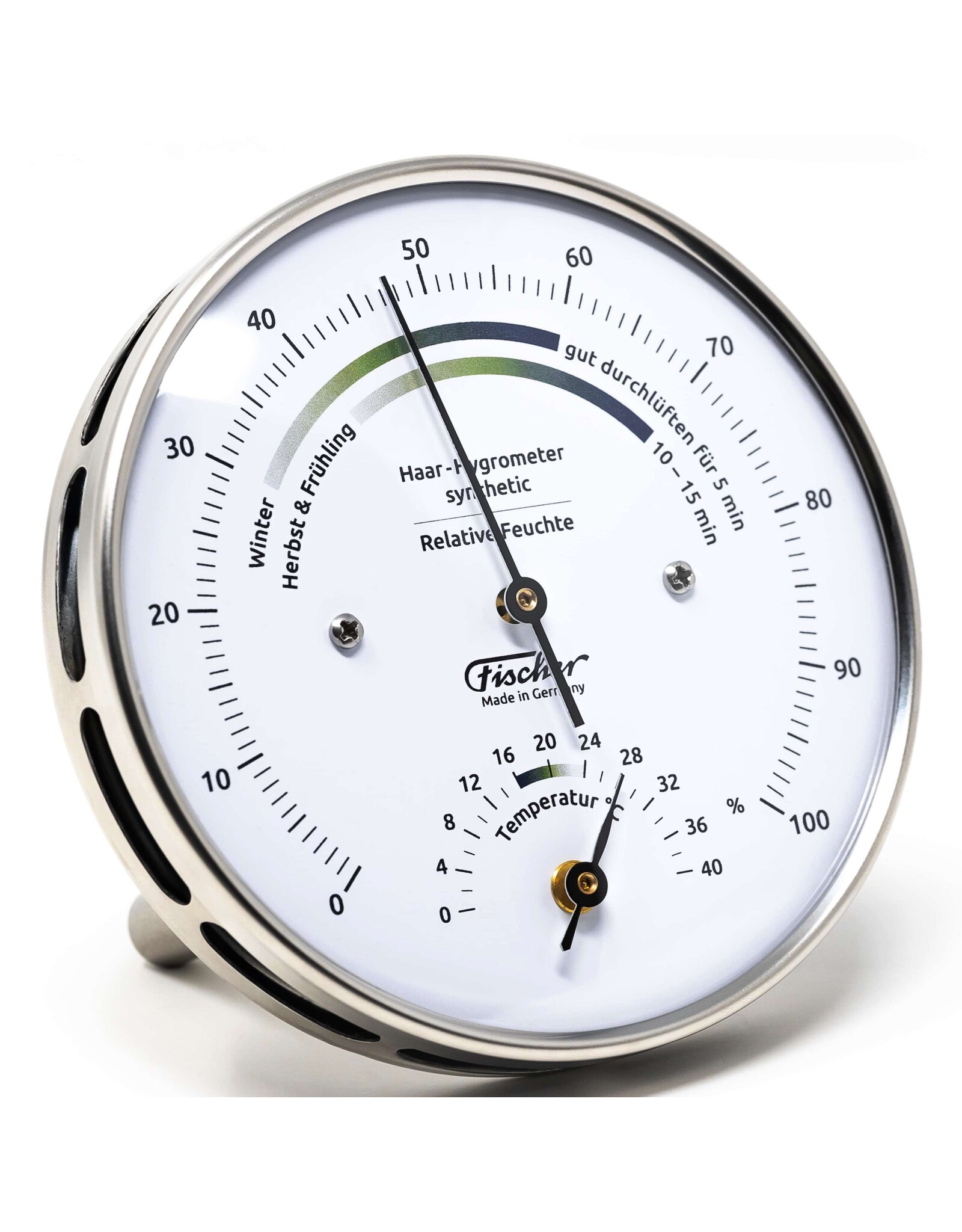 Fischer 001 Hygrometer en thermometer Ø 10 cm met comfort-zone op mooie roestvrijstalen voet