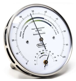 Fischer 001 Hygrometer en thermometer Ø 10 cm met comfort-zone op mooie roestvrijstalen voet