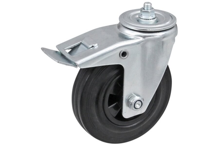 Zwenkwiel geremd rubber 125mm (bevestigingsgat)
