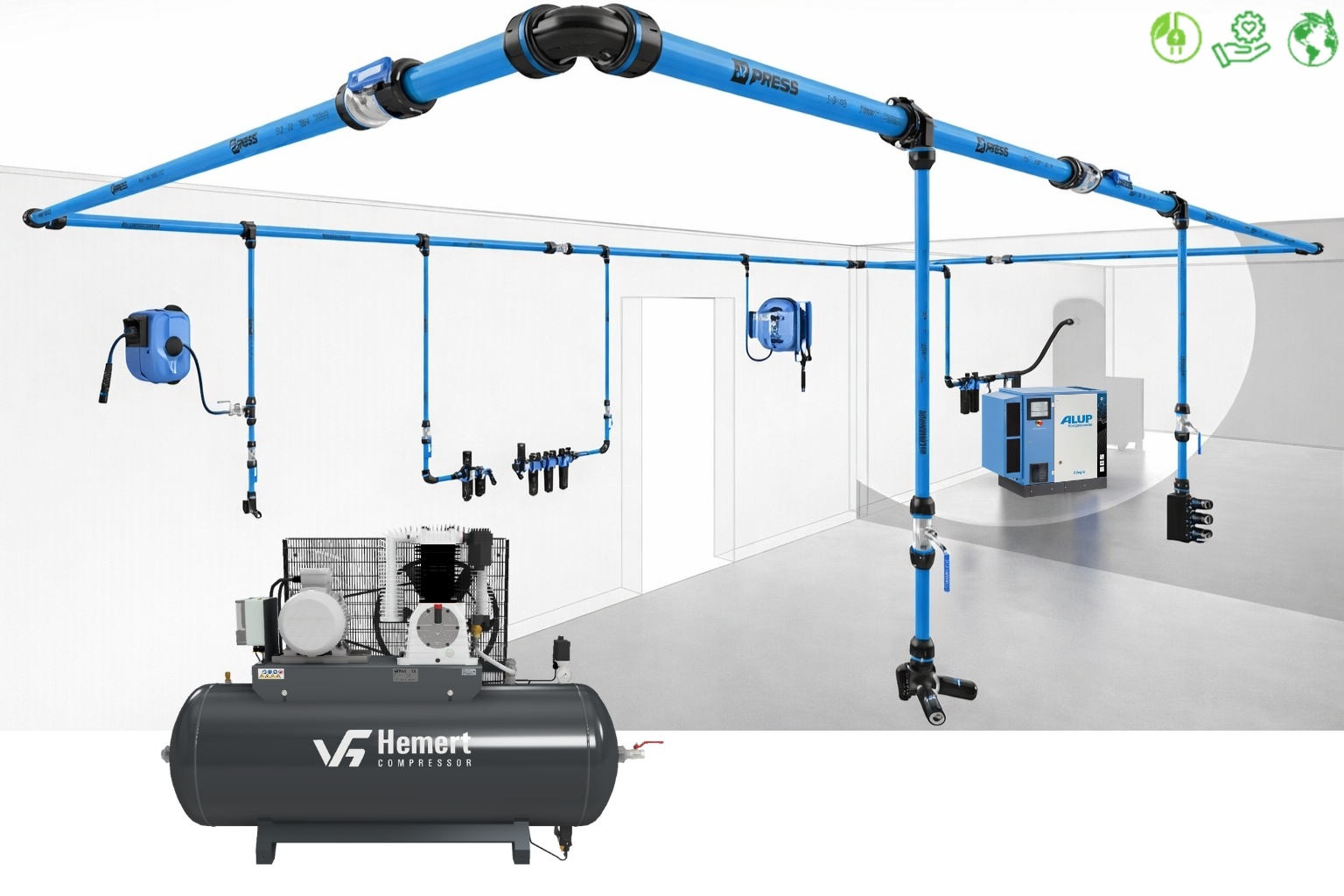 Complete persluchtinstallatie met compressor en leidingsysteem