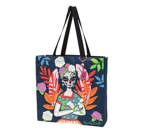 Grote katoenen tas Santa Muerte – stijlvolle blauwe shopper met skeletdesign