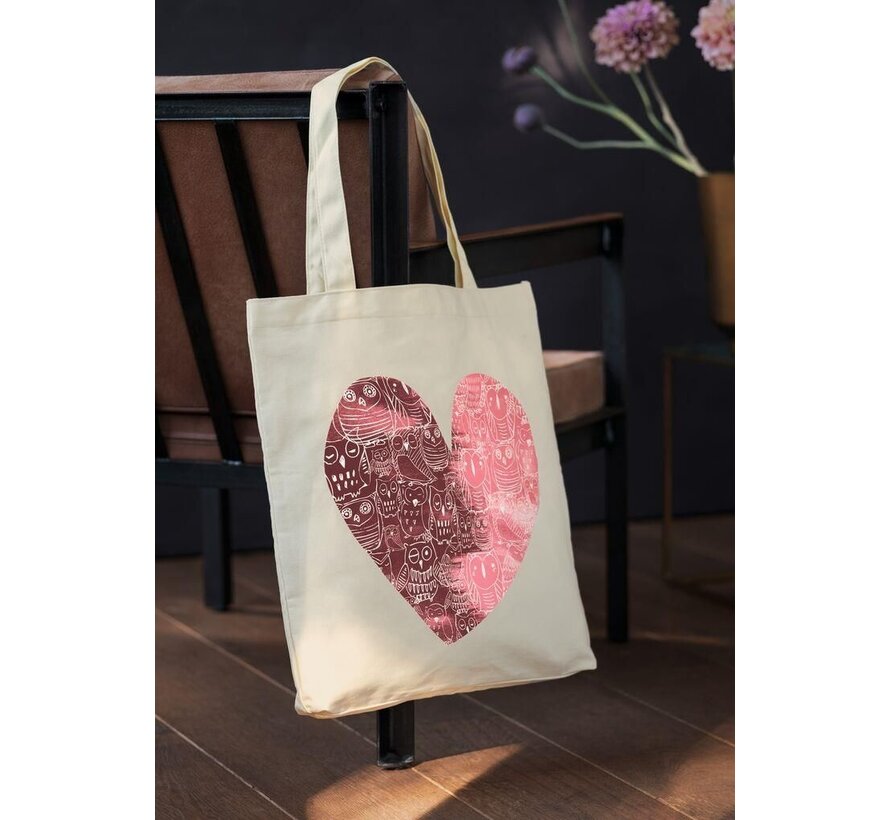 Grote katoenen tas Uilenhart – beige shopper met roze hartprint