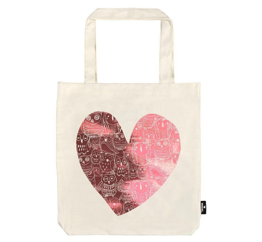 Grote katoenen tas Uilenhart – beige shopper met roze hartprint