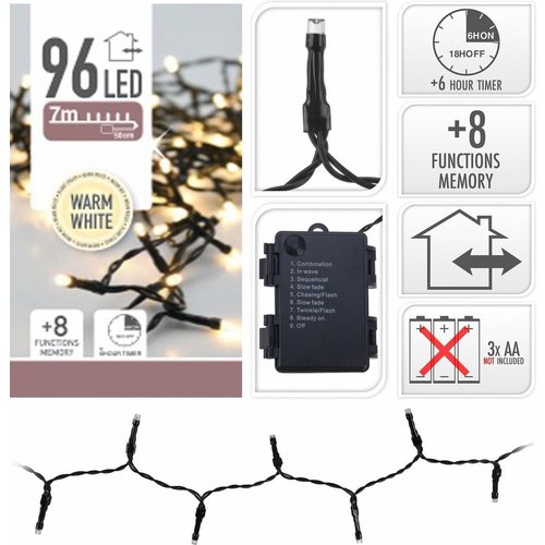 Éclairage de Noël blanc chaud 96 LED - 7,5 mètres sur les batteries (8 positions)