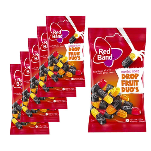 Red band Voordeelverpakking Snoepgoed - 6 zakjes Red Band Drop/Fruit Duos á 100 gram