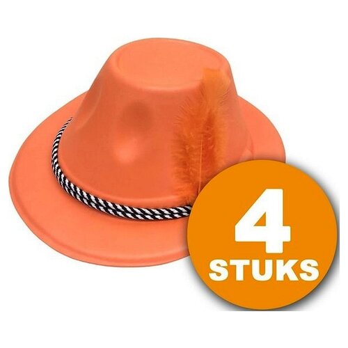 Orange Partyhut | 4 Stück orangefarbener Hut mit Feder | Partyzubehör Orangefarbener Kopfschmuck | Partykleidung WM 2022 | Orange Dekoration Dekorationspaket Niederländische Nationalmannschaft Orange Paket