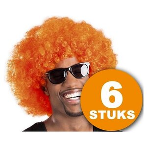 Perruque orange | 6 pièces Orange Party Wig "Afro" | Fournitures de fête Orange Headpice | Vêtements de fête WK Voetbal 2022 | Paquet décoratif décoration orange