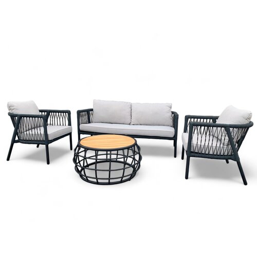Mondial Living Garden set / Lounge set Greenwood Black braided Rope - Cushions Gray