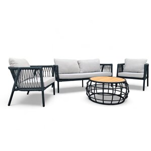 Mondial Living Tuinset / Loungeset Greenwood Zwart gevlochten Touw - Kussens Grijs