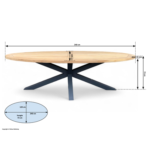 Mondial Living Tuintafel / Eettafel Cleve Teakhout Ovaal 240x120 cm - Antraciet onderstel