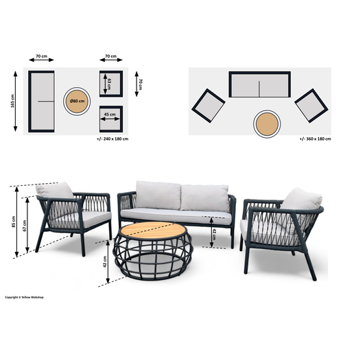 Mondial Living Gartenset / Lounge-Set Greenwood Schwarzes geflochtenes Seil - Kissen Grau