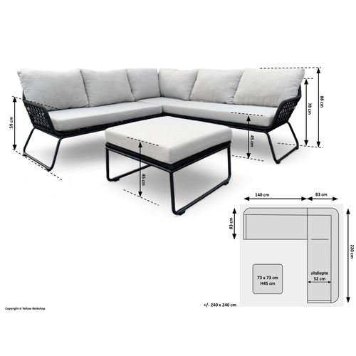 Mondial Living Loungeset / Hoekset Jerome Zwart incl. kussens Grijs