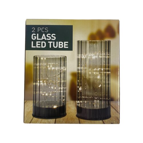 Windlicht van glas met LED - Grijs - 2 stuks