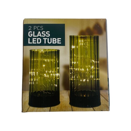 Windlicht van glas met LED - Groen - 2 stuks