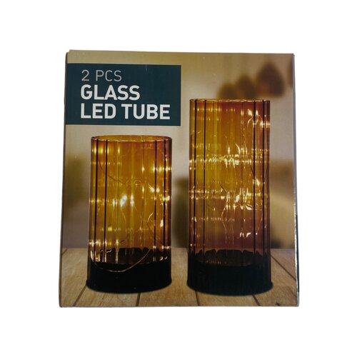 Lanterne en verre avec LED - Ambre - 2 pièces