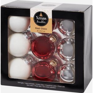 Glass Christmas balls Ø5.7 cm - Red/Silver/White - 18 pieces