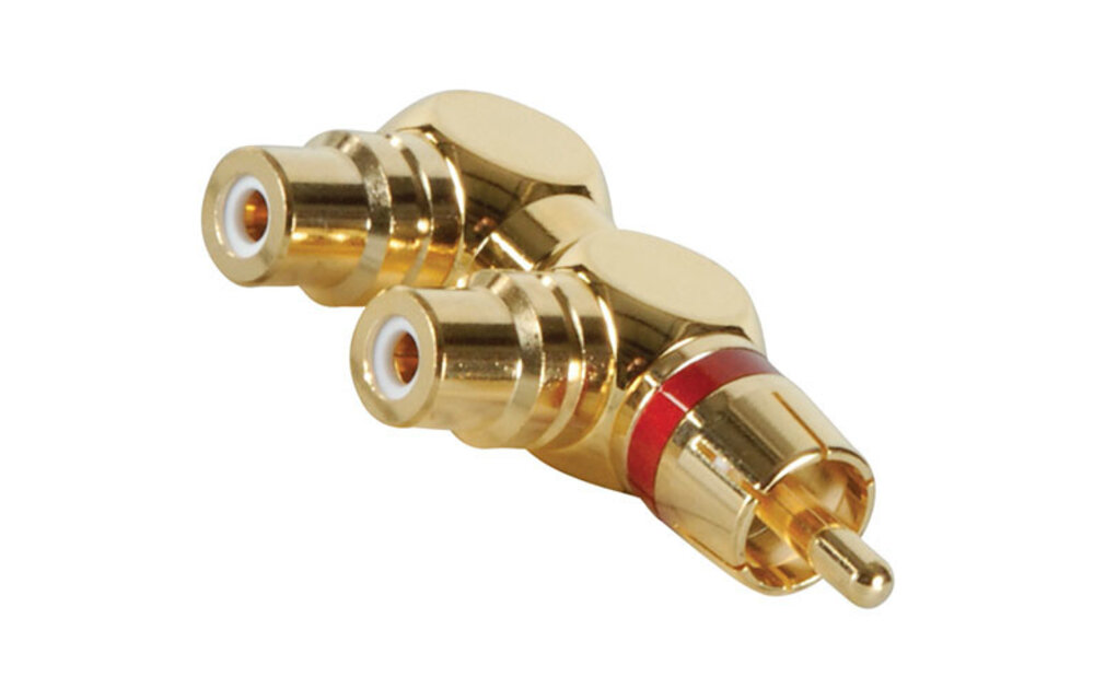 Gold RCA Y (1) Male To (2) Right Angle Female Red