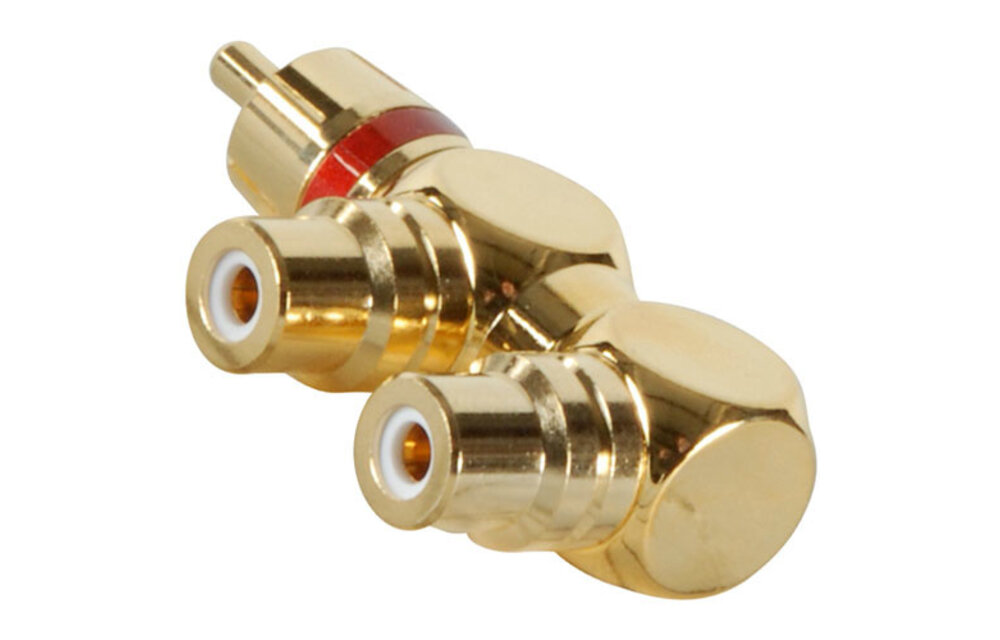 Gold RCA Y (1) Male To (2) Right Angle Female Red