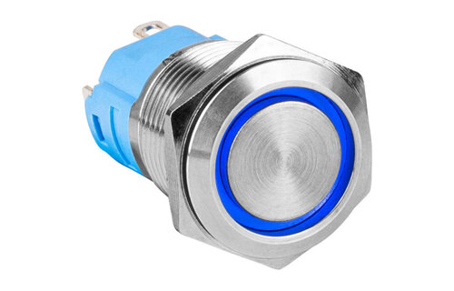 SPDT Latching 16mm Stainless Steel Tamper/Waterproof Raised Push Button Switch with Blue Ring