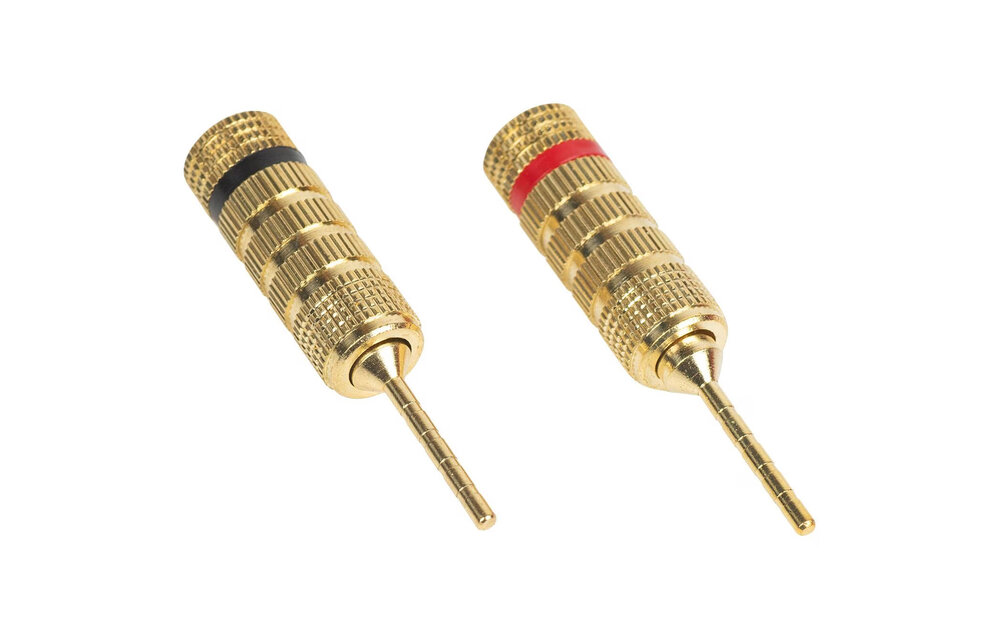 Gold Plated Speaker Pins with Compression Fit or Banana Plug Entry- Pair Black, Red