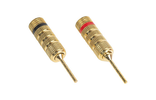 Gold Plated Speaker Pins with Compression Fit or Banana Plug Entry- Pair Black, Red