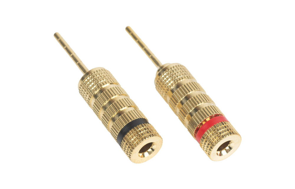 Gold Plated Speaker Pins with Compression Fit or Banana Plug Entry- Pair Black, Red