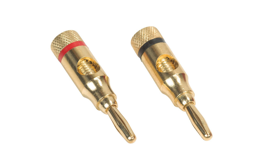 Banana Plugs Gold Pair -Black, Red with Side Entry Hole and Tapered Shell