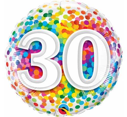 Folie Ballon 30 Jaar Regenboog Confetti 45cm - Per Stuk