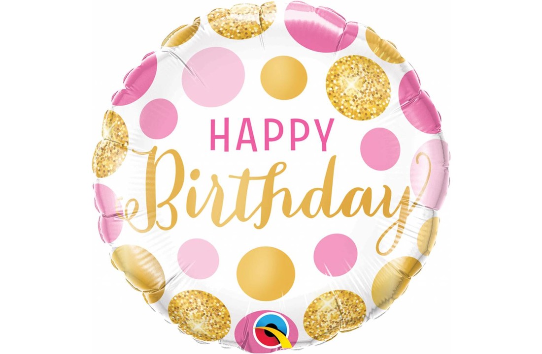 Folie Ballon Happy Birthday Goud & Roze Stippen 45cm - Per Stuk