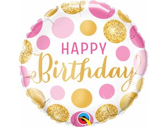 Folie Ballon Happy Birthday Goud & Roze Stippen 45cm - Per Stuk