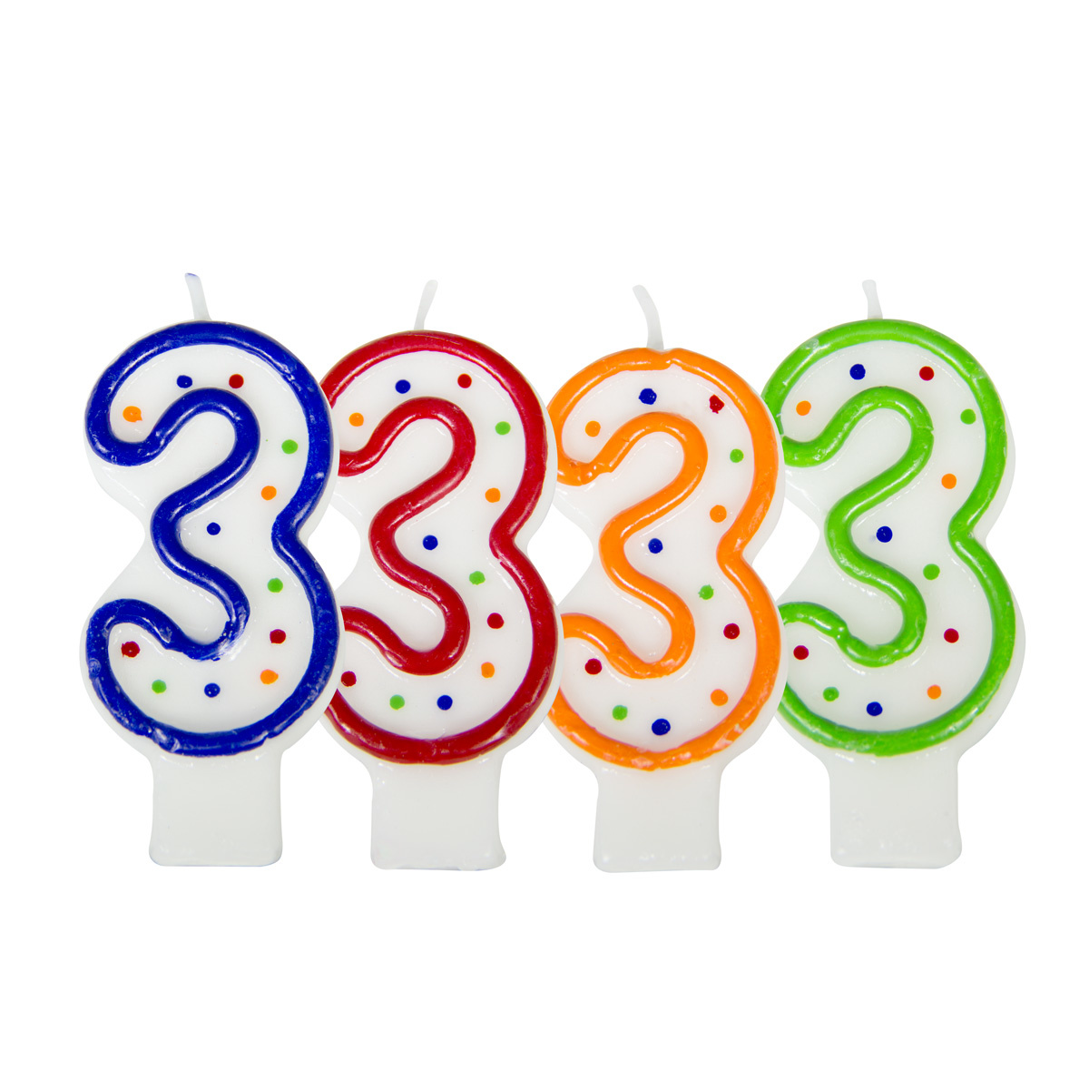 Verjaardagskaarsjes 3 jaar stipjes gekleurd - per stuk