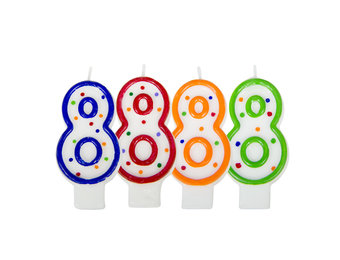 Verjaardagskaarsjes 8 jaar stipjes gekleurd - per stuk