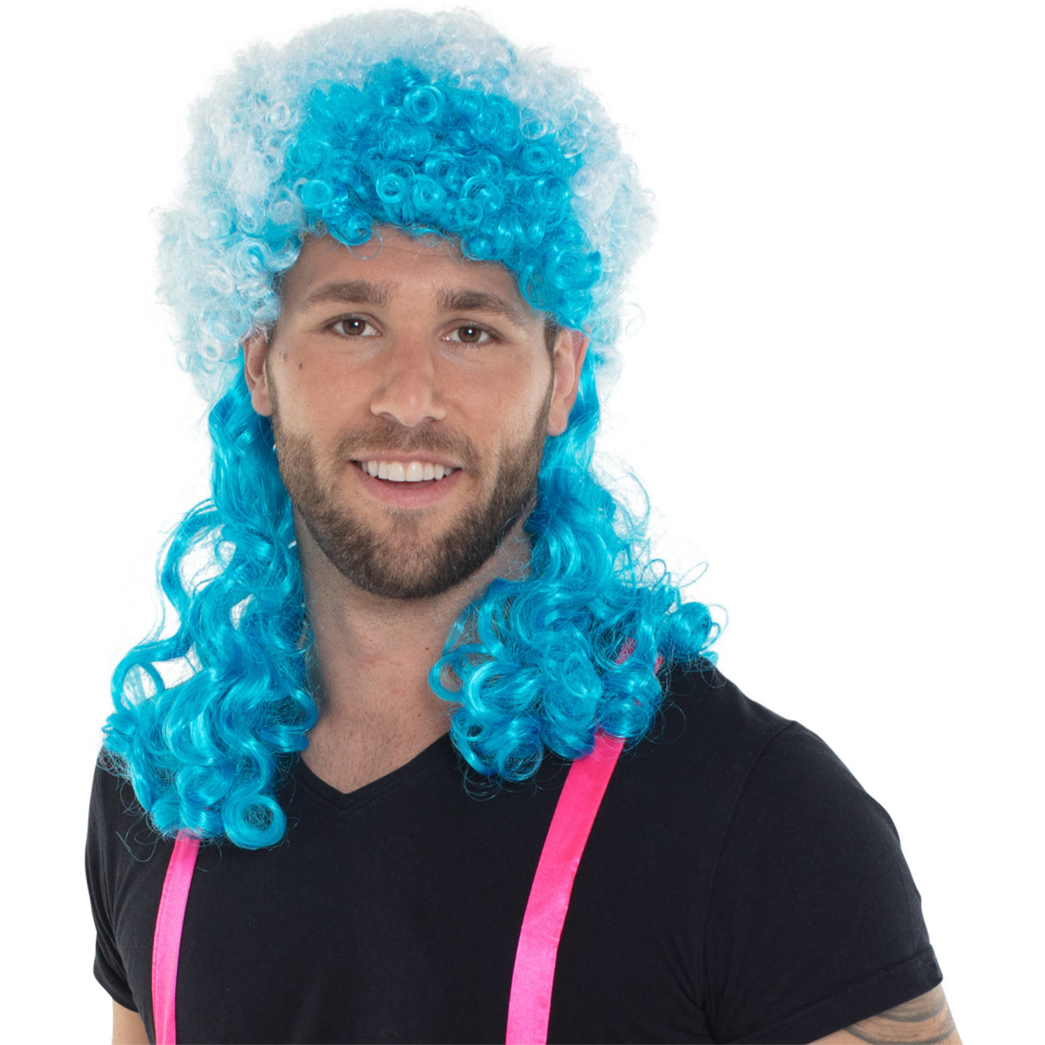 Neon Blauwe Afro Pruik met Lange Krullen