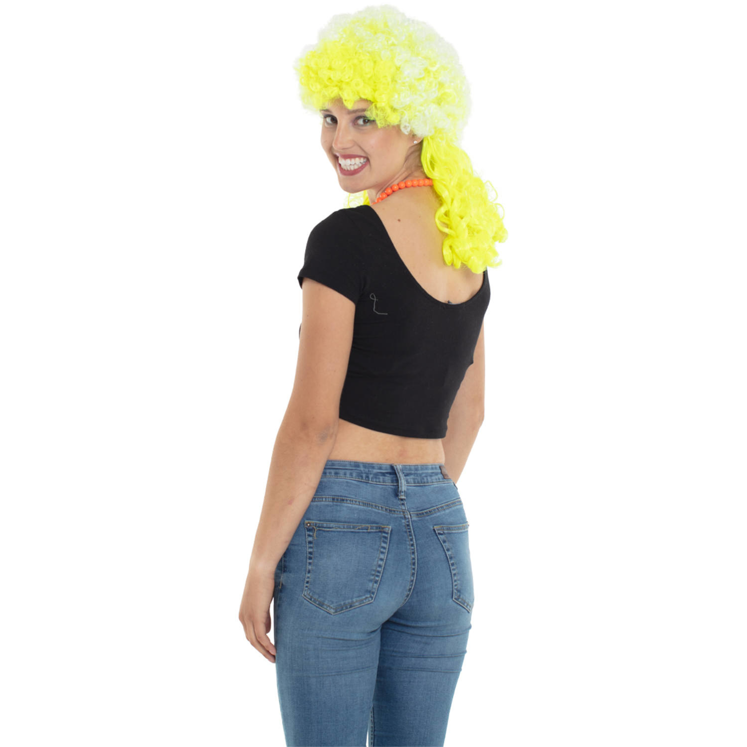 Neon Gele Afro Pruik met Lange Krullen