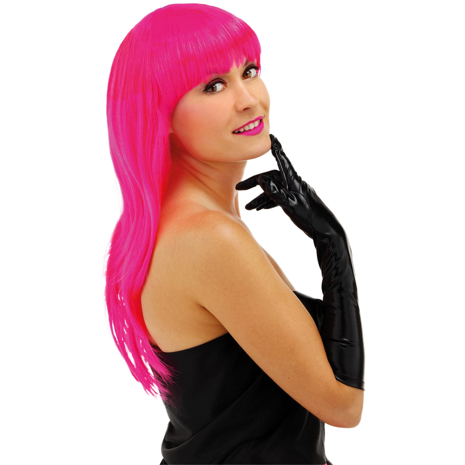 Pruik lang haar pony roze