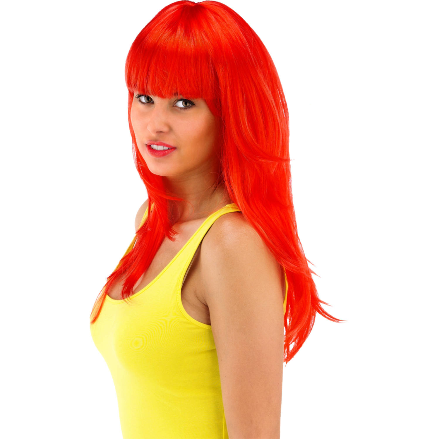 Pruik lang haar pony rood