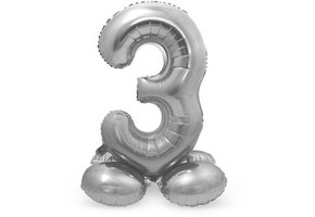 Cijfer Ballon Zilver 3  Met Standaard - 72 cm