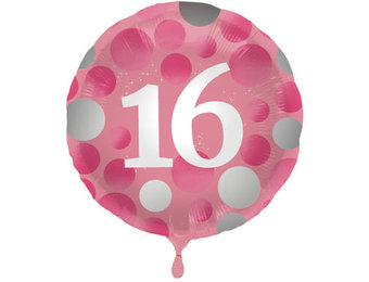 Folieballon 16 jaar Glossy Roze 45cm - Per Stuk