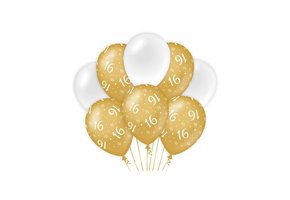 Ballonnen luxe goud en wit 16 jaar 30cm - 6 stuks