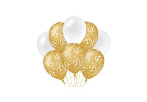 Ballonnen luxe goud en wit 25 jaar 30cm - 6 stuks