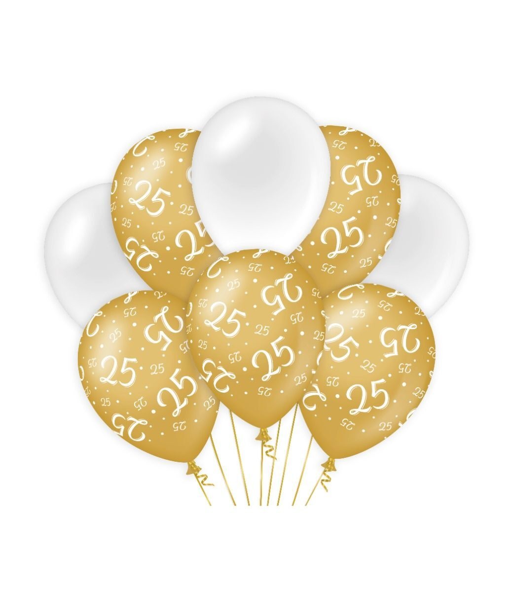 Ballonnen luxe goud en wit 25 jaar 30cm - 6 stuks