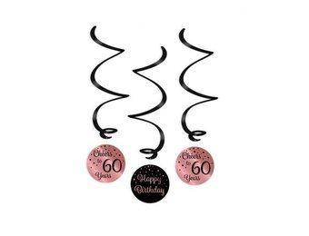 Swirl decoratie luxe zwart en roze 60 jaar 30 cm - 6 stuks